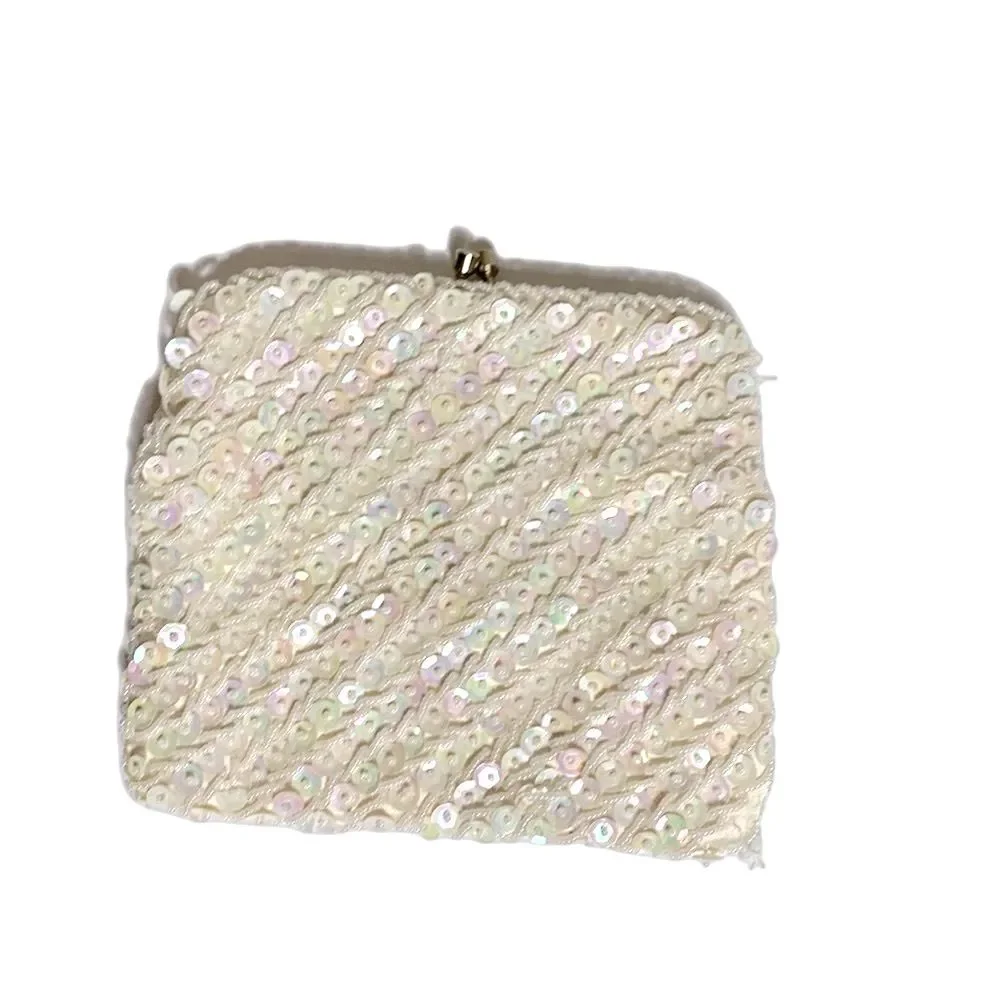 Vintage Ivory Satin Iridescent Sequin Beaded Evening Bridal Clutch Bag